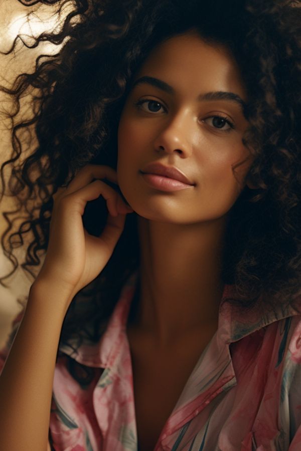 African-American woman, age 25, in a bathroom, styling her curly hair, with a comb, realistic, styling her frizzy hair, girl's pajamas, many details in the photo, 16:9, Kodak Portra 400, 8k, American shot, --ar 16:9